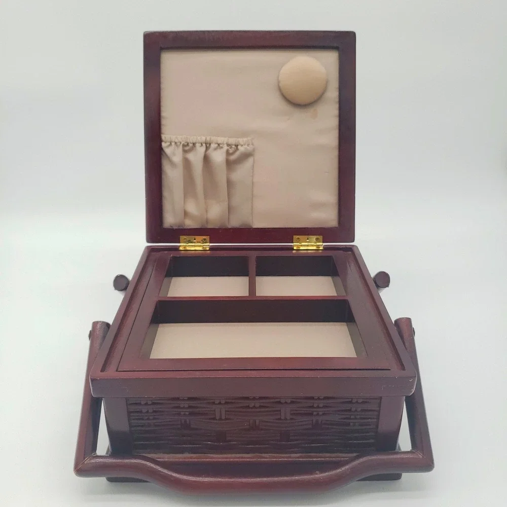 Vintage Wooden Sewing Basket Tapestry Lid Village Scene Jewelry Box Organizer